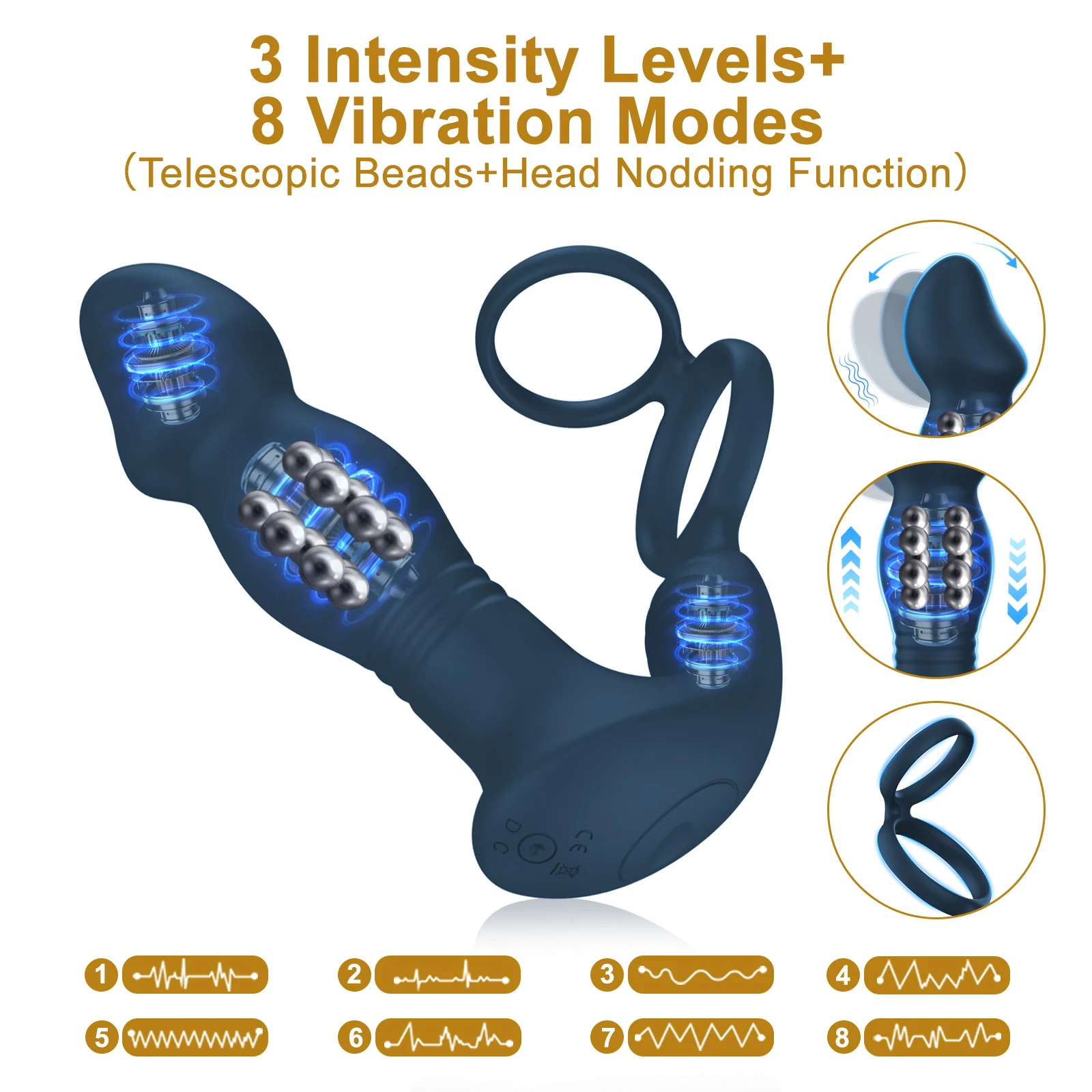 Masajeador de próstata masculino con cuentas de empuje, anillo vibratorio para pene, 8 meneos, tapón Anal, vibrador deportivo P, Juguetes sexuales