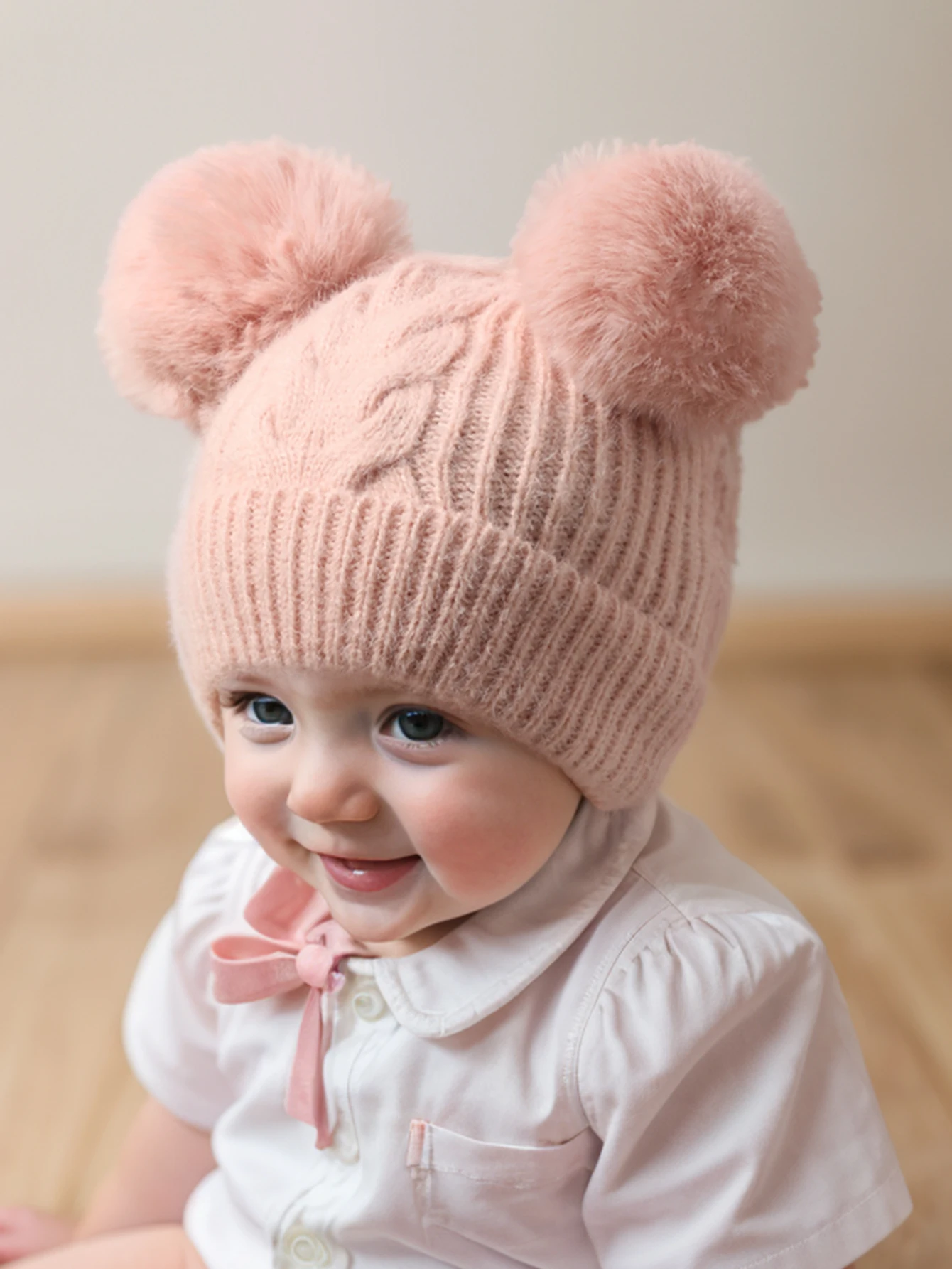 1pc Baby double Pom-Pom Beanie, Cozy Knit Winter Warm Heart Cute Hat For Kids 1-3Y