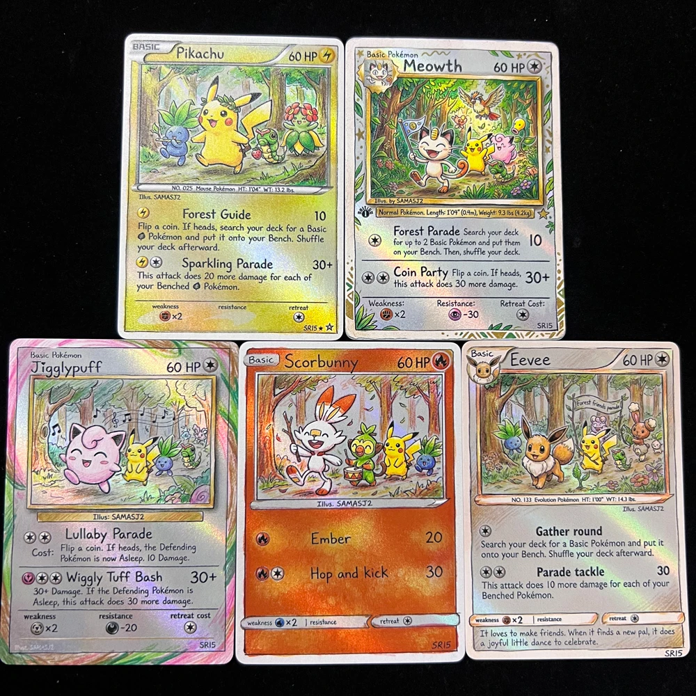 cartas-pokemon-ptcg-estilo-arte-com-lapis-colorido-meowth-jigglypuff-scorbunny-eevee-cartas-colecionaveis-cartas-holo-raras-presente-pokemon