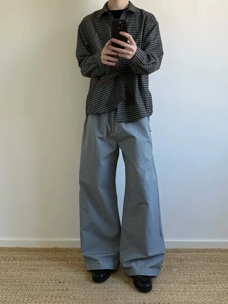 Italian Style Casual Pants Men's Elastic Loose Fitness Sports Straight Leg Summer Spring Checkered Pattern Leisure Trousers