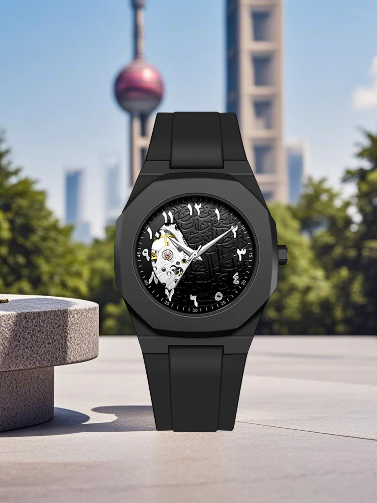 ساعة كوارتز ميكانيكية تناظرية للرجال أرقام عربية مقاومة للماء، ساعة عمل رجالية عصرية بحزام سيليكون من البولي كربونات #6