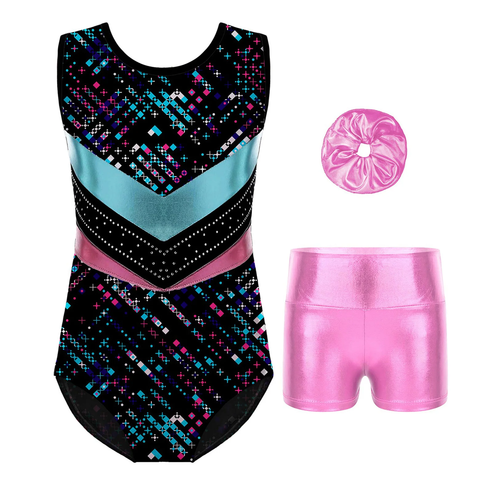Kids Girls Rhythmic Gymnastic Skating Leotards Outfit Sleeveless Dance Leotard Bodysuit and Metallic Shorts with Hair Ties Set