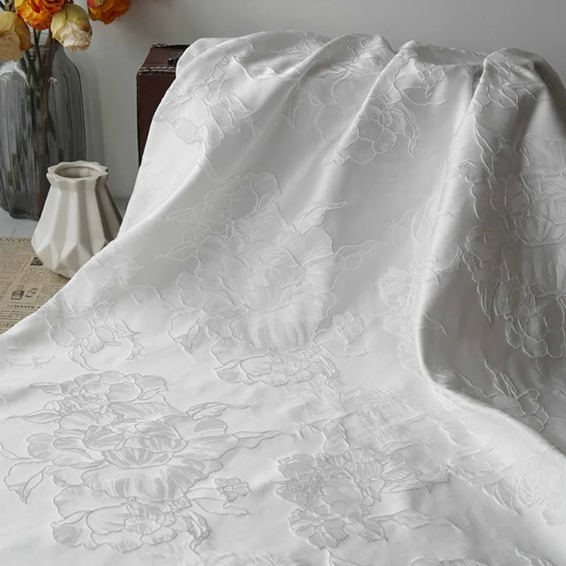 

1meter White Chinese Style Jacquard Fabric Peony Relief Yarn Dyed Cheongsam Hanfu Dress Artisan Handmade DIY Sewing Material