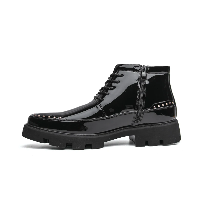 Men Patent Leather Ankle Boots Thick Sole Height Increase Rivet Decor Lace Up Side Zipper Combat Boots Men Casual Leather Shoes