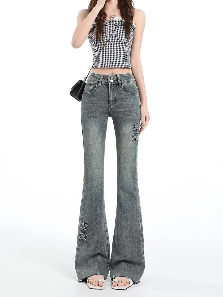 

Джинсы-клеш с высокой талией для женщин, весна-осень, стройнящие, в стиле ретро, с эффектом «копыт», для высоких женщин, корейский стиль, деним