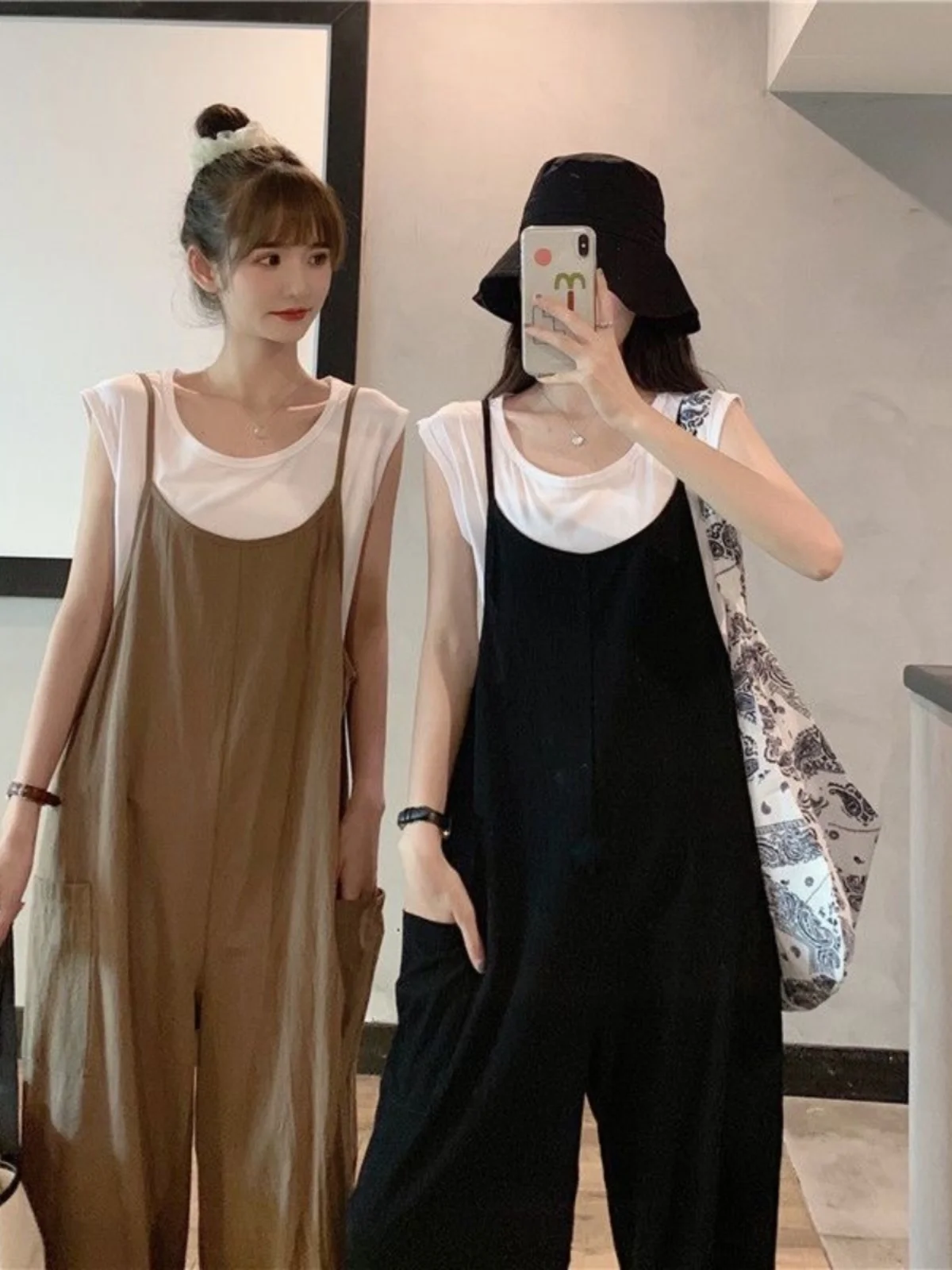 

plus Size Women's Summer Faionable Wide Leg Overalls Set with Straps Belly Cover Two-Piece Suit Commute Sle Long Pants