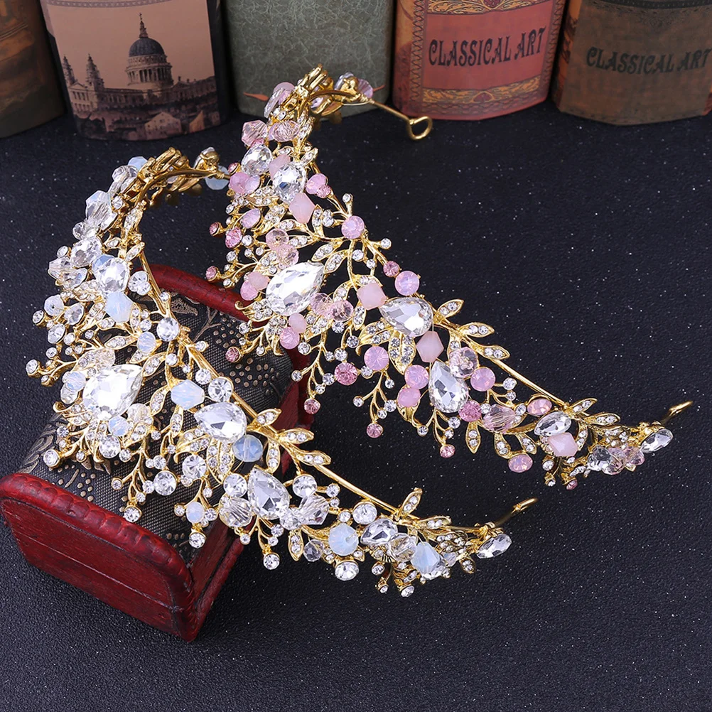 

1Set Bride Jewelry Crystal Baroque Crown Pink Rhinestone Earrings Elegant Wedding Headdress Decoration Wedding Jewelry