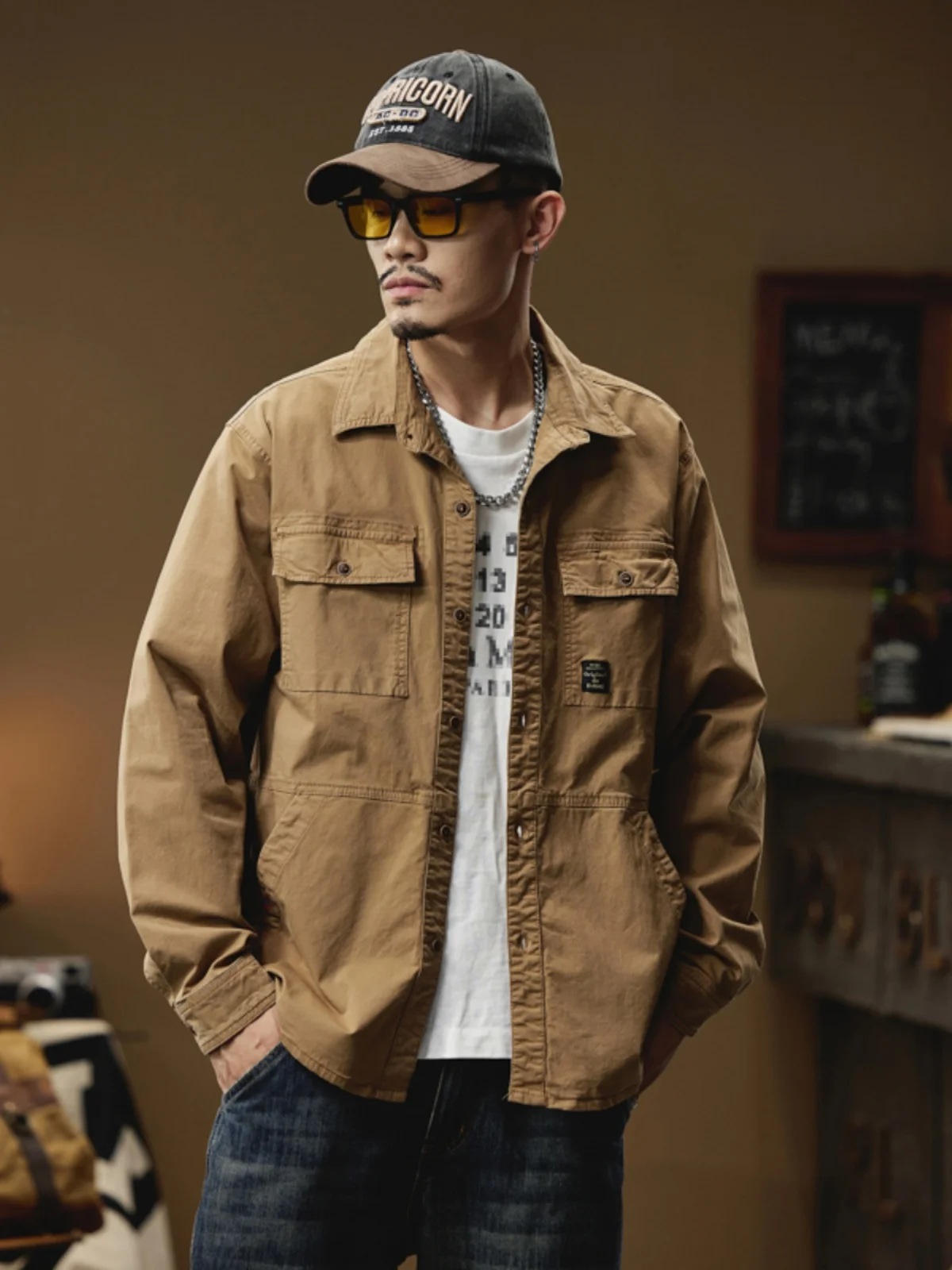 

Loose Men's Japanese Sle irt Jaet Spring Autumn Faionable All-Match Outerwear Pure Color Trendy Long Sve Cotton Blend