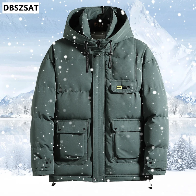 2023 New Winter Men Parka Big Pockets Casual Jacket Hooded Solid Color Mens Thicken Warm Hooded Down Outwear Coat Windproof