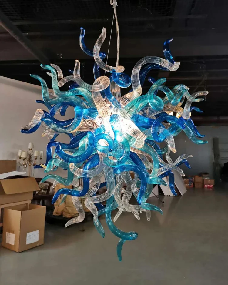 

Longree Glass Chandelier Blue Shade Large Chihuly Style Handmade Blown Glass Light Fixtures for Home Living Room Hallway Entry