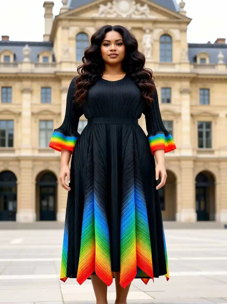 EGRM Niche Chic High Elasticity Pleated Gradient Women's Dress Loose O Neck 2026 New Irregular Elastic Female Clothing 7GR3529 - view 2