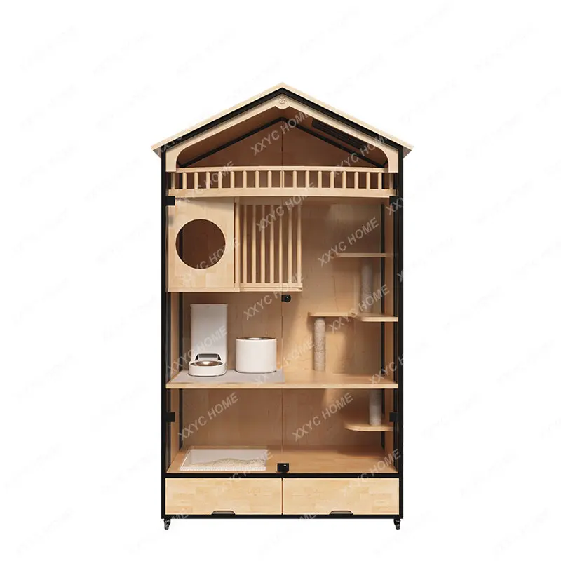 Cat Villa House Cat Cage Rubber Solid Wood Luxury Household Cabinet Cage Three-Layer Panoramic Glass Large Space