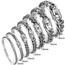 New 6/8/10/12/14/16/18mm Women Mens Jewelry Silver Color Stainless Steel Miami Curb Cuban Chain Bracelet Bangle