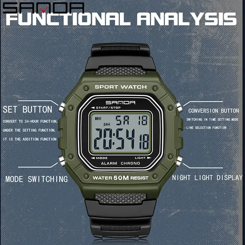 SANDA 2156  Watches Army Dial Led Digital Wristwatches Stopwatches For Male Fashion Mens Watch Military Water Resistant Sport