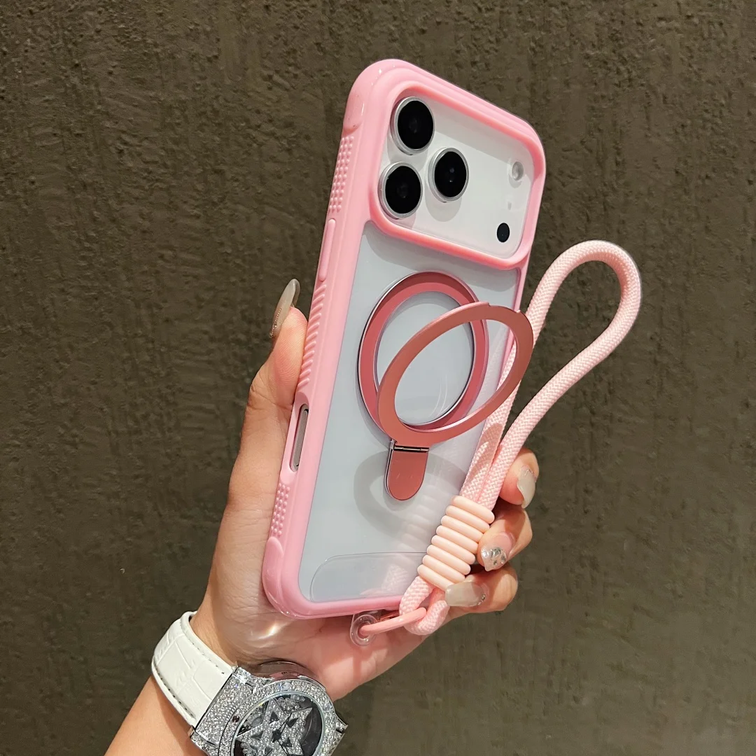 

Anti-Slip Edge Case For iphone 17 16 15 14 13 12 Air Pro Max Clear Magnet Metal Stand Short Lanyard Wriststrap Hand Strap Cover