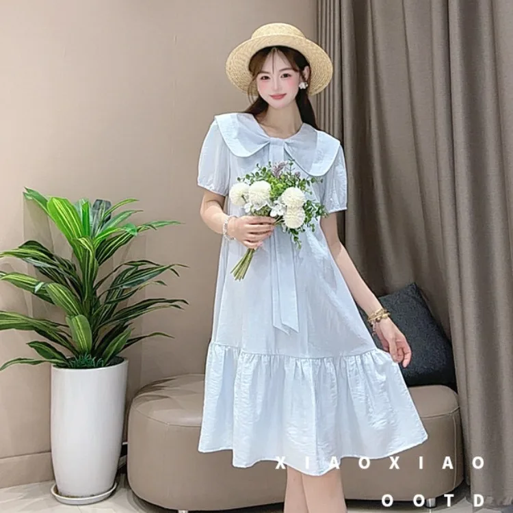 Woman A-line Dress Blue 2026 Summer Maternity Dress Sweet Peter Pan Collar Pregnant