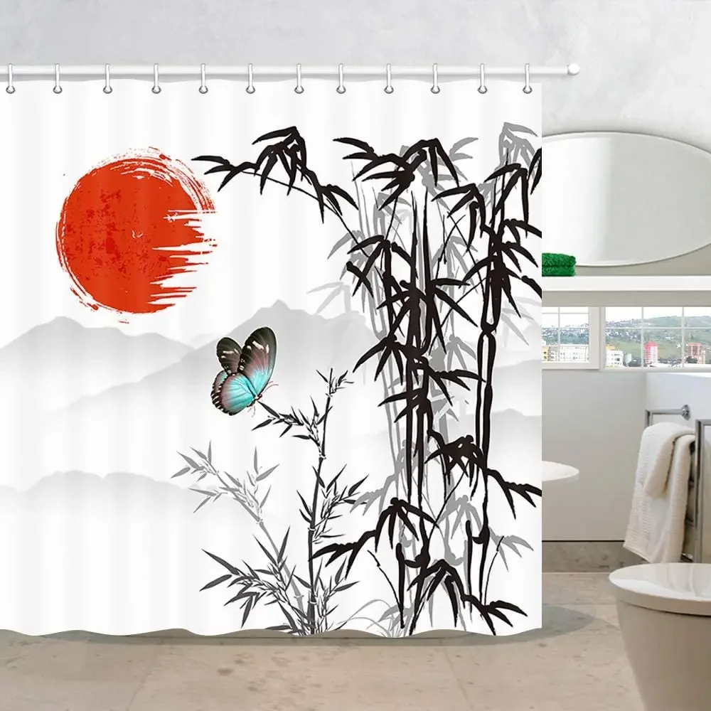 Asian Japanese Scenery Art Bathroom Shower Curtains Polyester Fabric Bamboo with Butterfly Flying in Mountain with Sunset