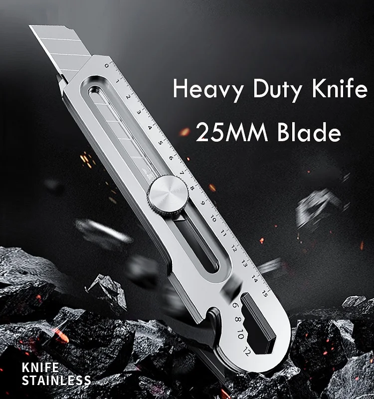 Stainless Steel Knife 18/25mm Multifunctional Cutting Telescopic Cutter 6-in-1 Function - Bottle Opener/Ruler/TailCutter/Screw