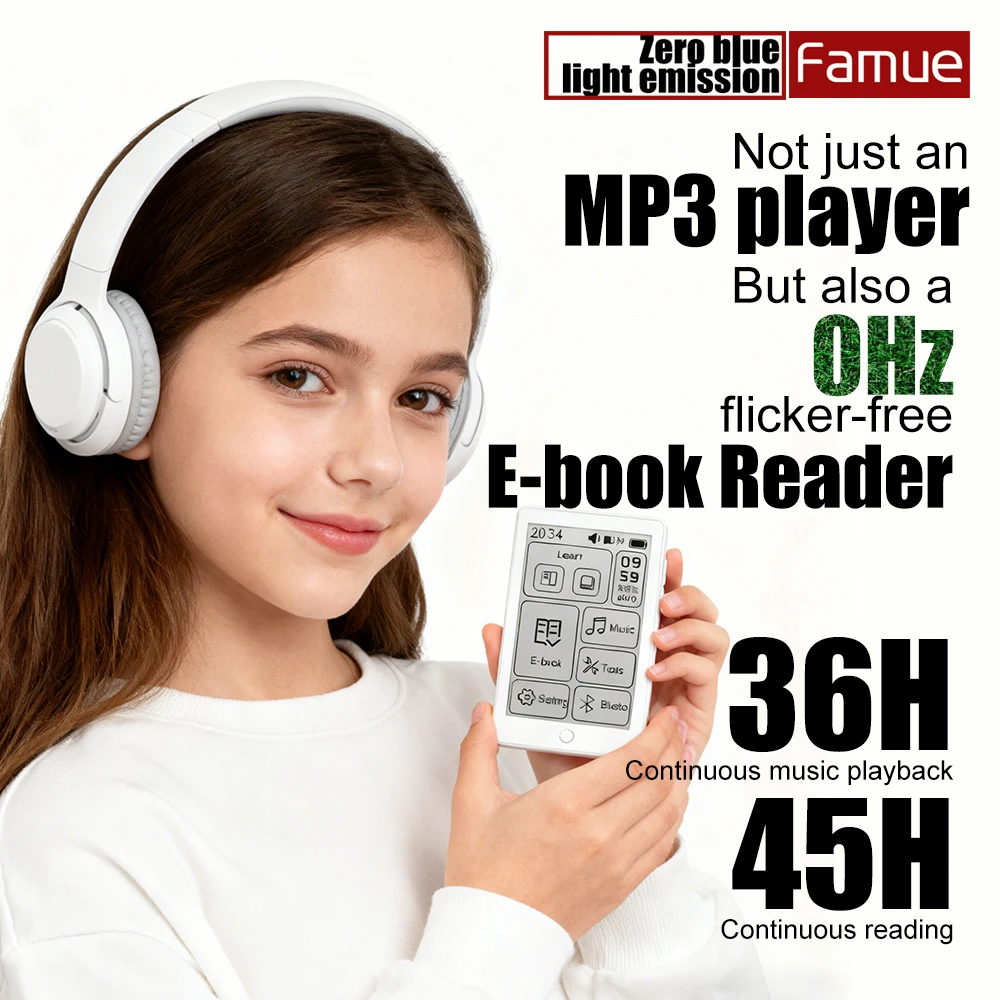

192G 2025NEM FAMUE BF07 MP3-плеер E-Ink с дисплеем 2,7 дюйма, мини-считыватель электронных книг, защита глаз от синего света, Bluetooth 5,4, FM-радио