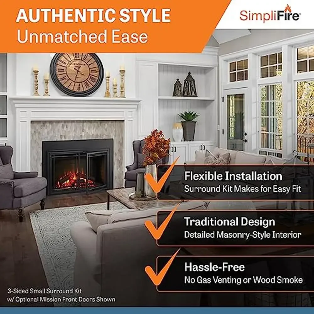 35-Inch Electric Fireplace with Masonry-Style Interior and Textured Log Set 4 Flame Intensity Levels Integrated Heater Corded
