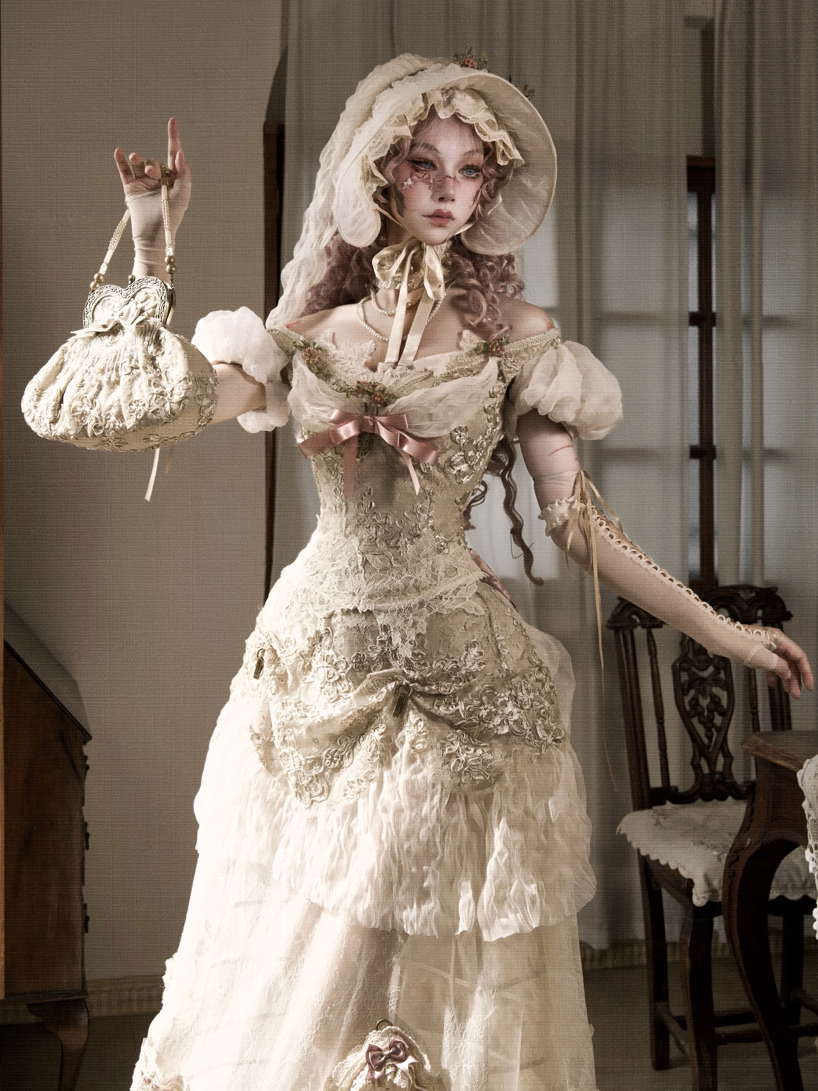 Original Retro Elegant Bubble Sleeve Off-the-shoulder Top Summer New 2025 Subculture Halloween Party Cos T-shirt Long Skirt Set