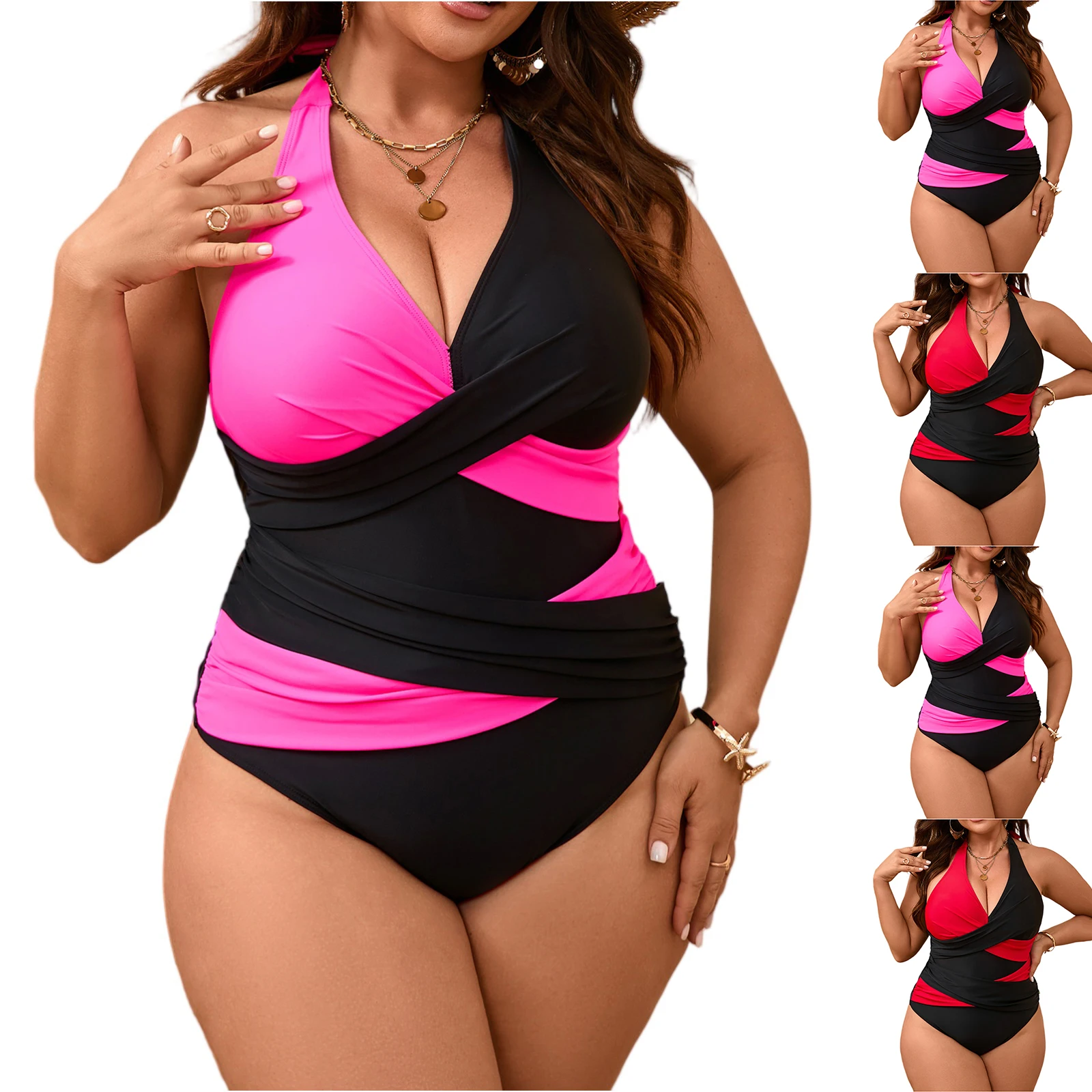 Plus Size One-Piece Women's Bikini Swimsuit Stylish Color-blocked Swimwear Sexy Deep V Neck Cross Tummy Control One Piece Bikini - Image 6