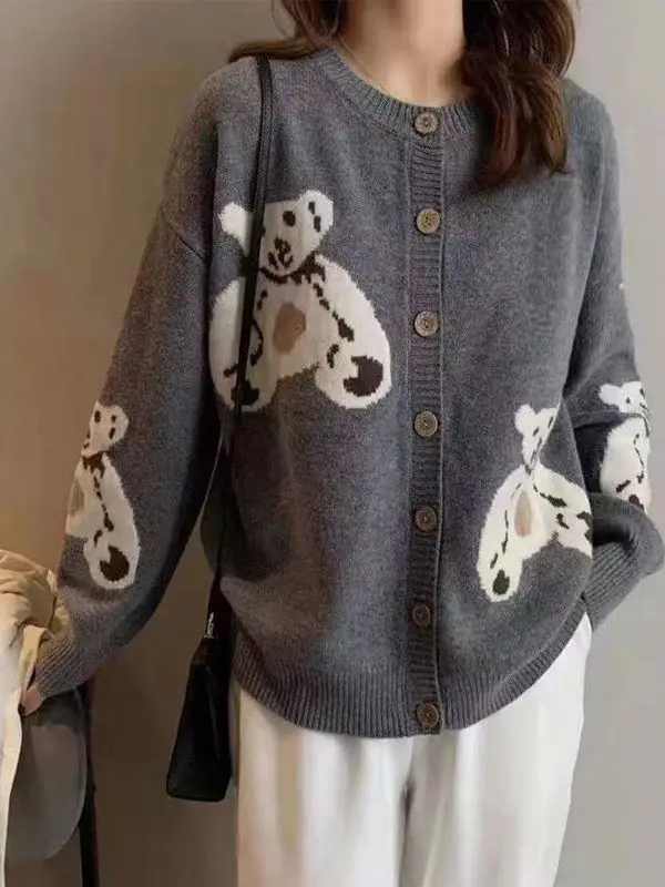 

Korean Sle Faionable Cartoon Bear Knitted Sweater Coat Women's Loose ort Version Autumn New Arrival Ele