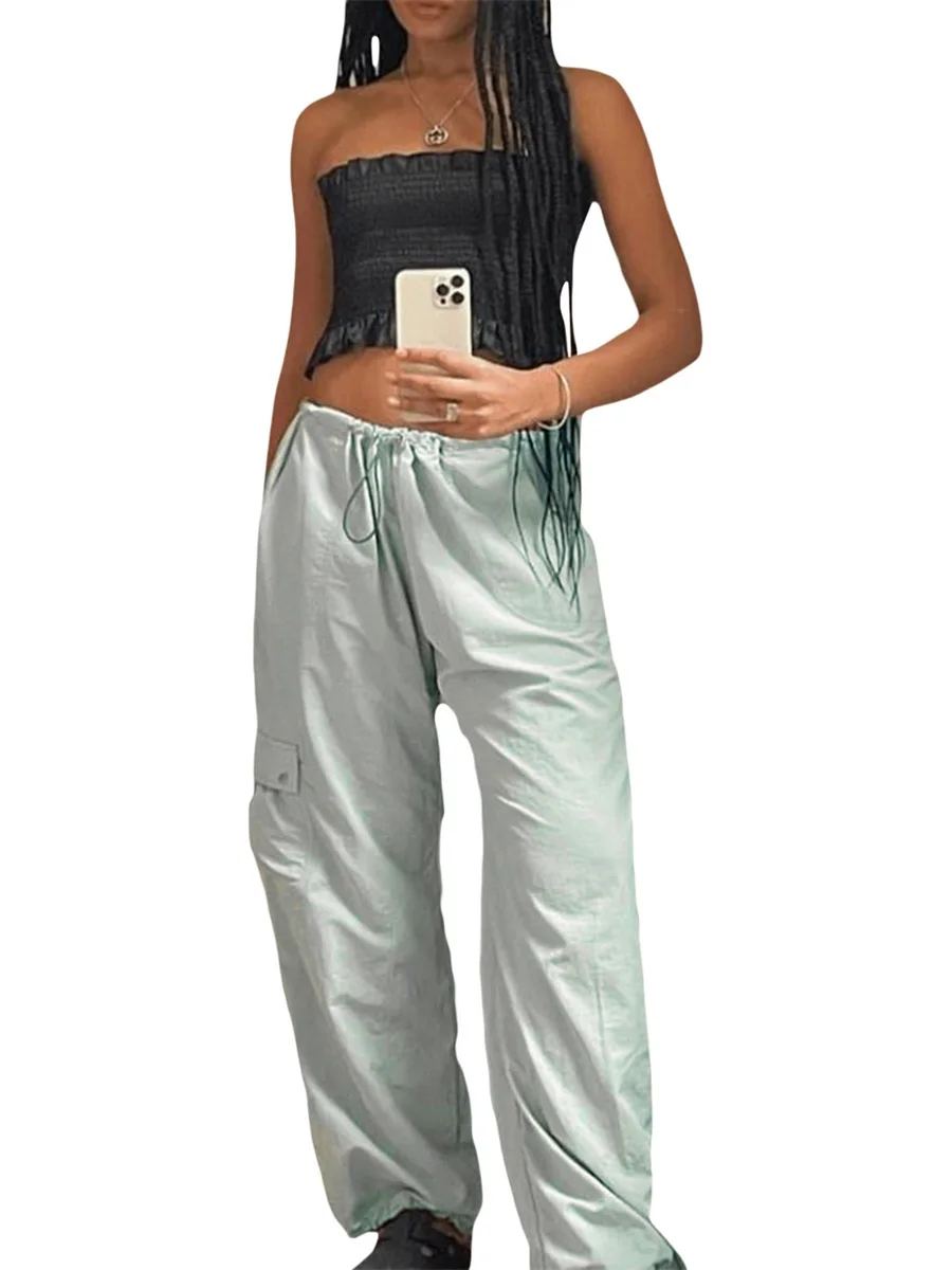 

Women Baggy Pants Solid Color Drawstring Waist Cargo Pants Multiple Pockets Jogger Pants