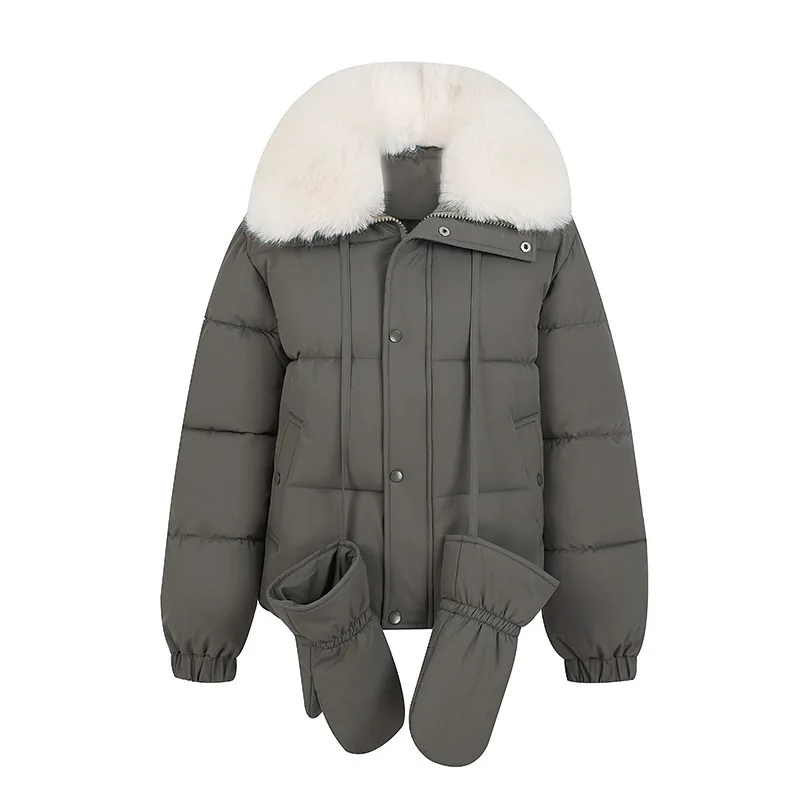 Women Short Parkas Coats Oversize Jacket Gloves Solid Drawstring Hem Big Fur Collar Zipper Looose Thick Office Lady Winter 2025