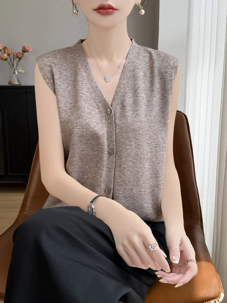 Nuevo Cárdigan de Verano Estilo Casual con Cuello en V, Sin Mangas, Tejido, Abierto, para Mujer, Color Camel, Chaleco Fino, Prenda Superior Informal y Suave
