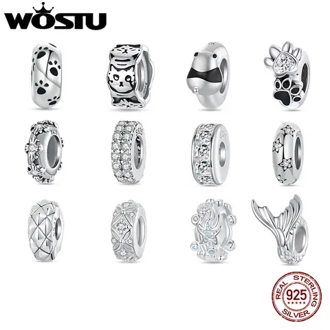WOSTU 925 스털링 실버 원래 실리콘 스페이서 스토퍼 비즈 애완 동물 발 스타 크로스 지르콘 매력 전나무 팔찌 DIY 쥬얼리 선물