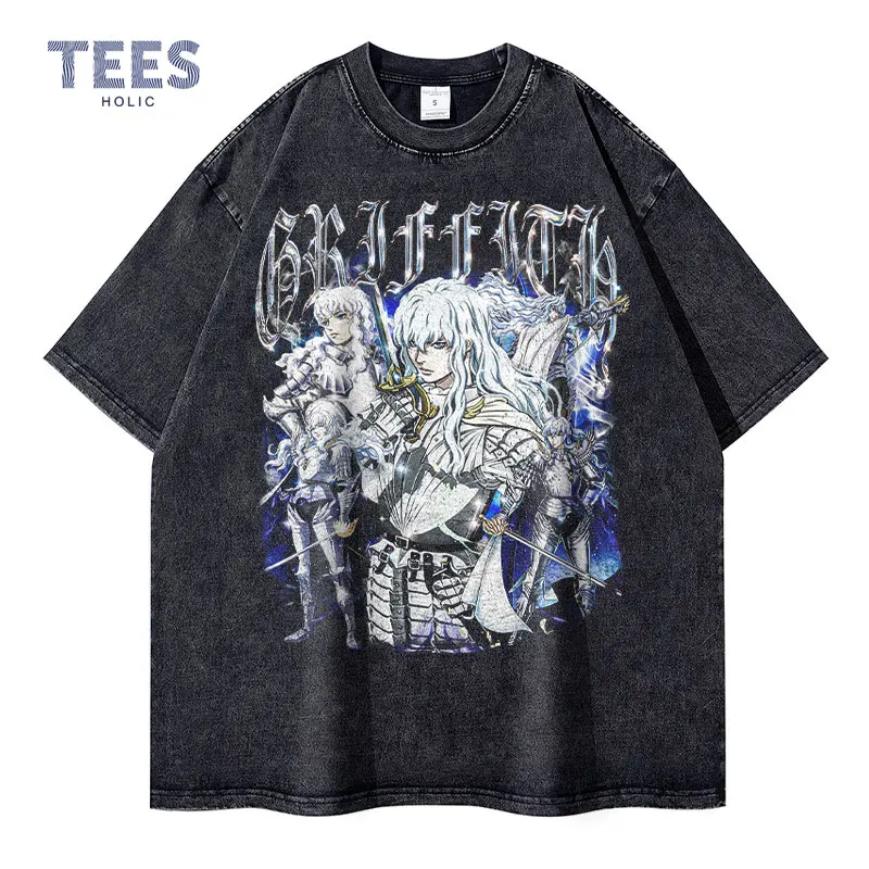 Griffith T-shirts Oversized Streetwear Vintage Washed Anime Kenpuu Denki T Shirt Short Sleeve Retro Manga Guts Tops Tees Men