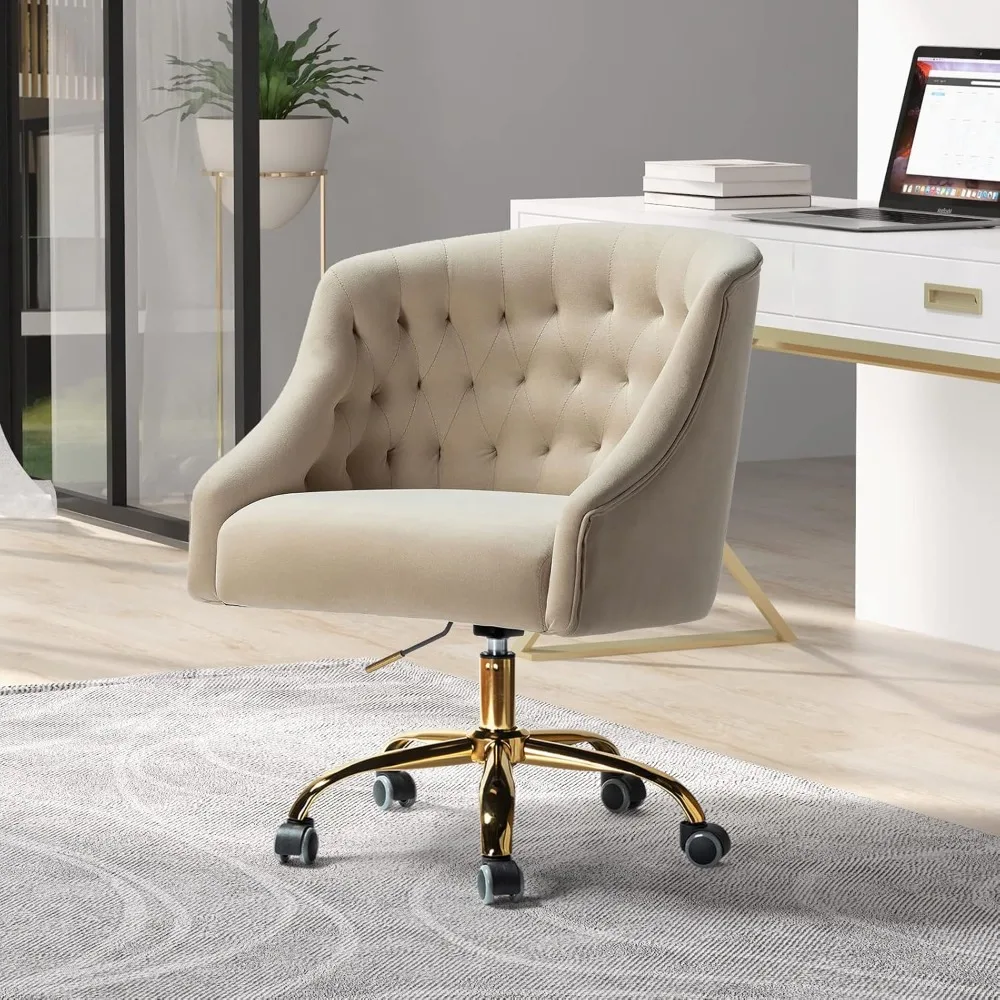 

velvet home office chair with gold base, comfortable modern cute desk chair, adjustable swivel task chair for living room bedroo