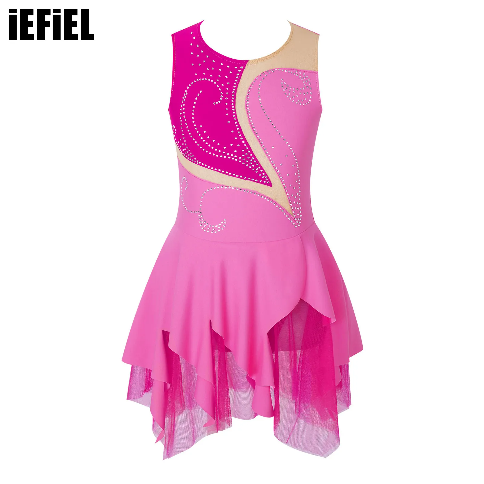 

Girls Gymnastic Ballet Leotard Dress Kids Summer Sleeveless Round Neck Hollow Mesh Splice Cutouts Figure Ice Skating Dance Dress