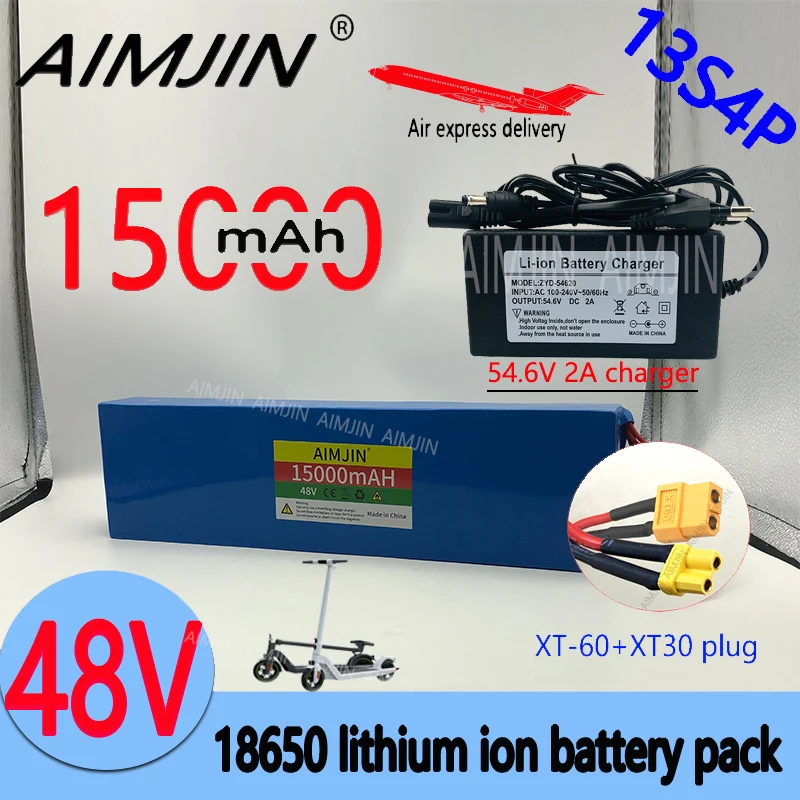 13S4P 48V 18650 แบตเตอรี่ Li-Ion 15000mAh เหมาะสําหรับ 54.6V ไฟฟ้าจักรยานและสกู๊ตเตอร์พร้อม BMS XT60 XT30 ปลั๊ก + Charger