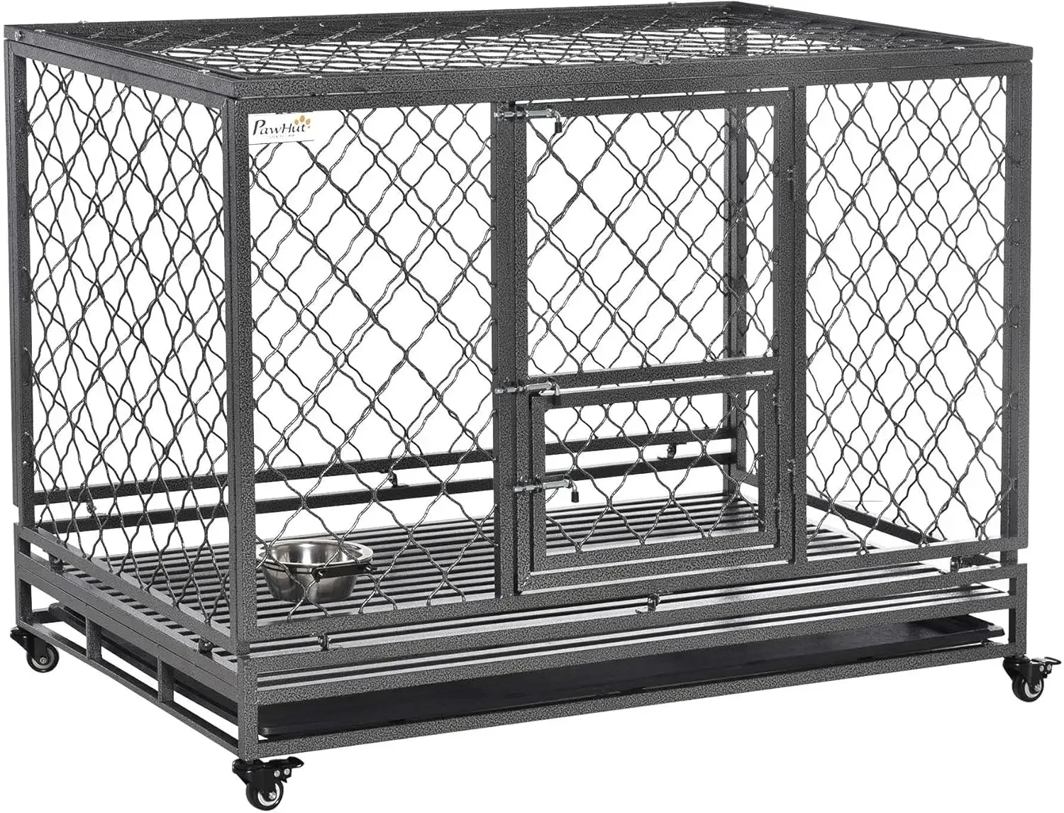 PawHut Heavy Duty Dog Crate, Metal Dog Cage Kennel with Lockable Wheels, Slide-Out Tray, Food Bowl and Double Doors