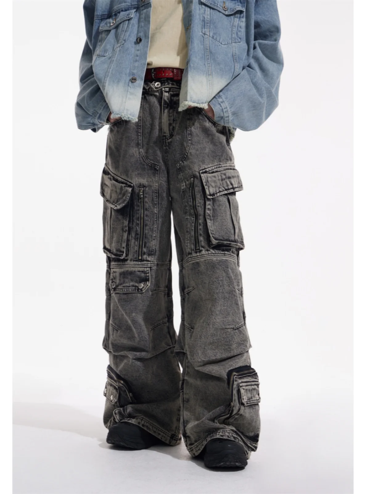 Retro werkkleding Sle Multi-ket wijde pijpen Casual lange jeans ex Loose Fit Jeugdige trend Bestand tegen vuil en slijtage