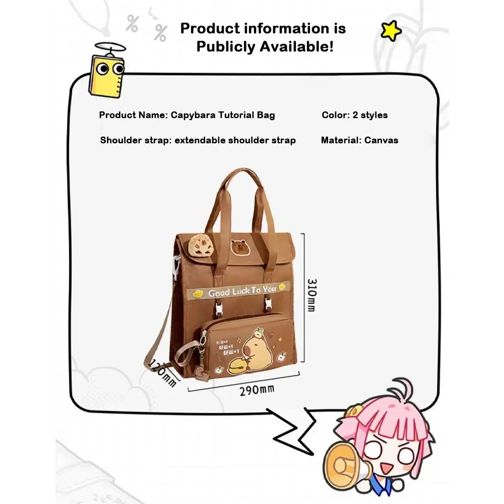 Borsa tutorial Capybara Kawaii Borsa per studenti in tela di grande capacità Borsa per penne staccabile Zaino per cartoni animati Scuola primaria