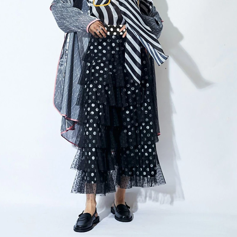 بنطلون نسائي من Combhasaki مزين بالترتر اللامع من التول والكشكشة بطبقات من الدانتيل وطباعة نقطة Y2k بنطال مرن عالي الخصر متدرج فضفاض واسع الساق #6