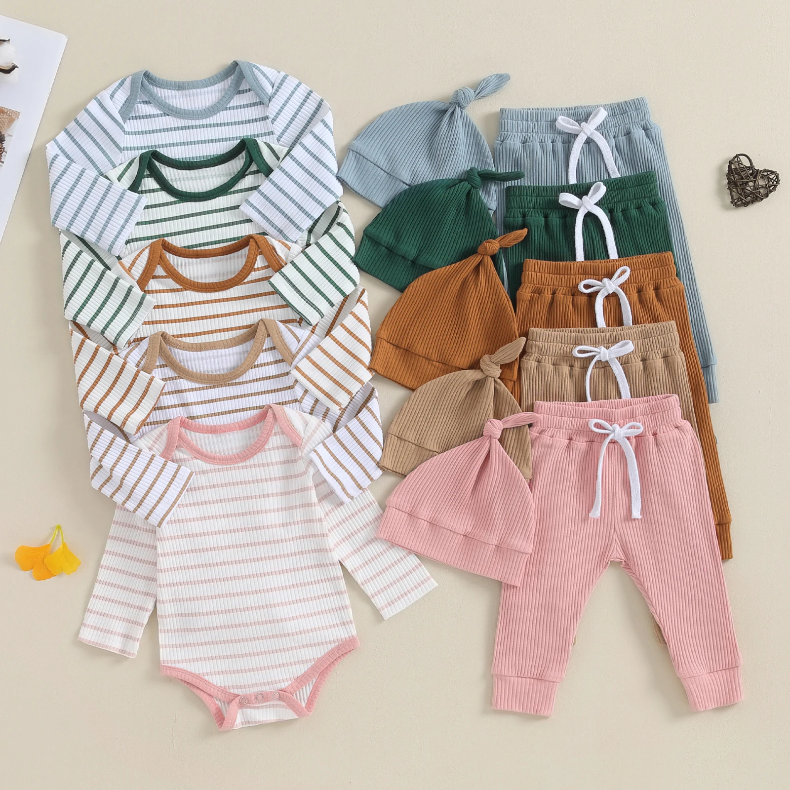 

3pcs Baby Clothing Set Long Sleeve Crew Neck Striped Romper with Pants Hat Casual Infant Baby Knitted Clothes Set