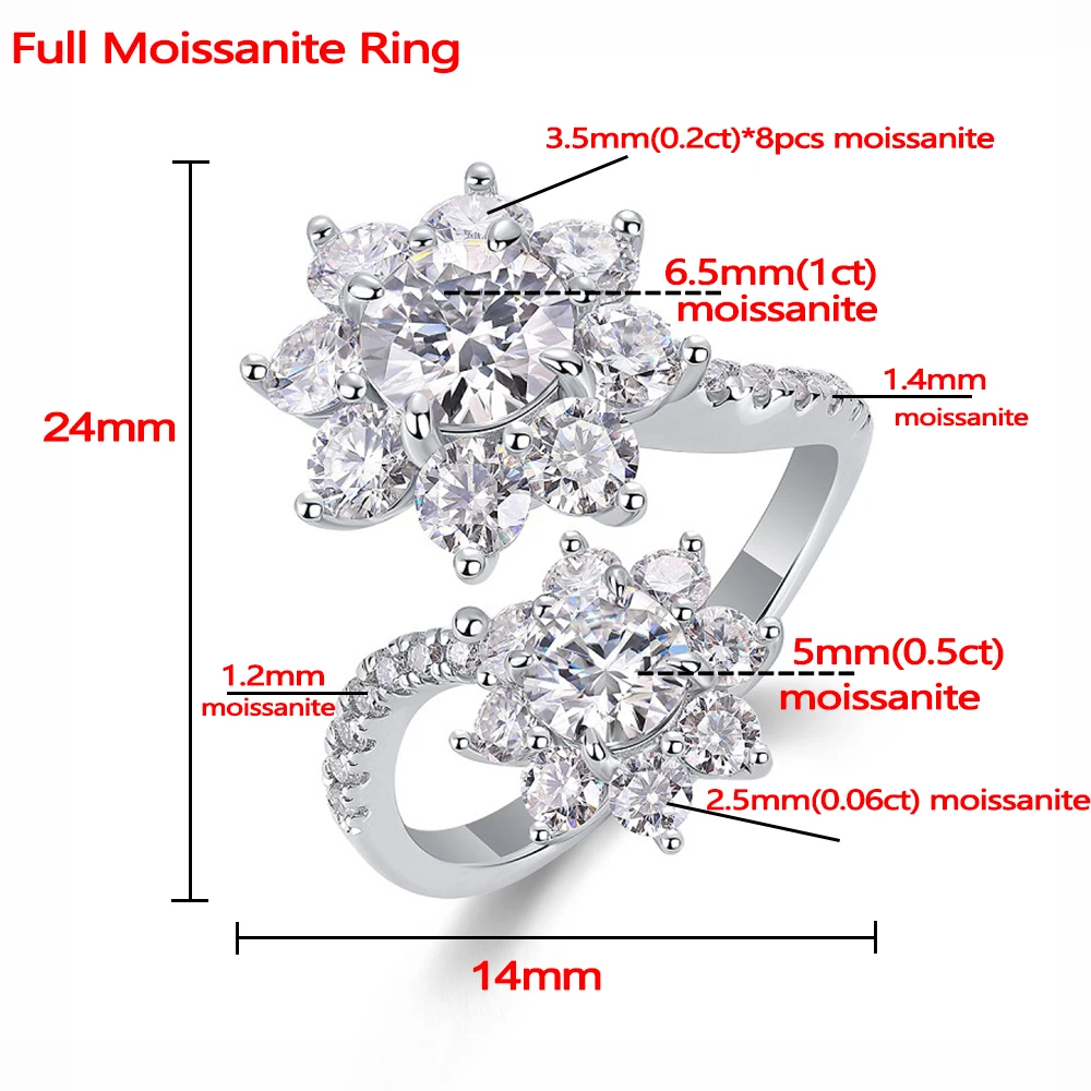 Double Sunflower Full Moissanite Engagement Rings For Women GRA Certified 925 Sterling Silver Adjustable Wedding Bands Jewelry