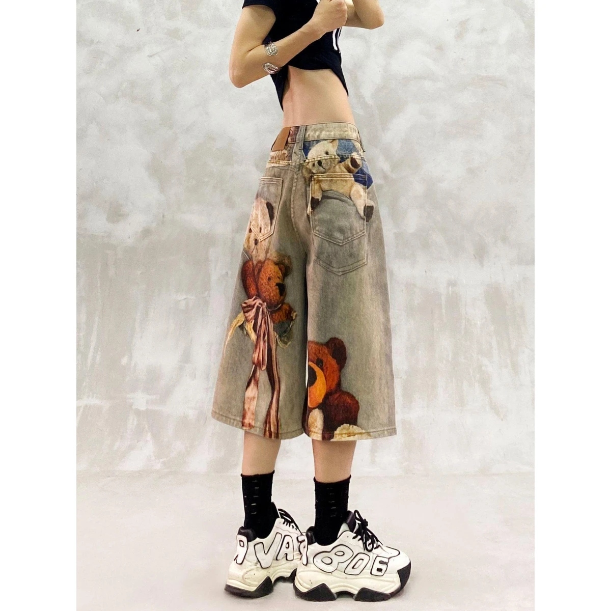 Calças Jeans Estilo Casual de Rua com Estampa 3D de Urso, Calças de Sete Oitavos Unissex, Soltas de Verão, Perna Reta, Efeito...