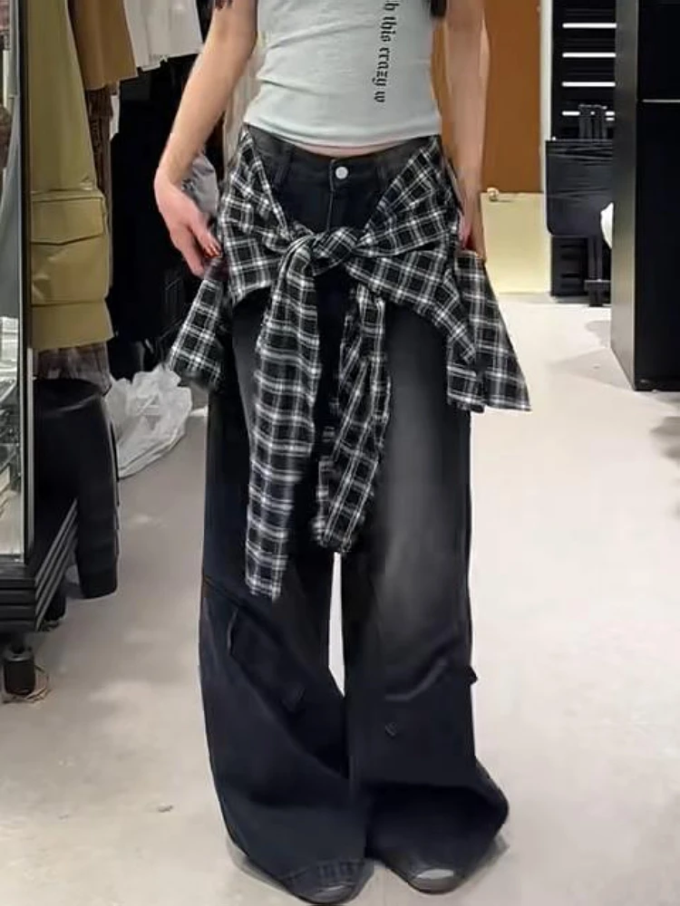 

Loose Women's High Waist Denim Pants Plaid Patchwork American Retro Design Sensation Spicy Girl Fake Two-Piece Long Trousers