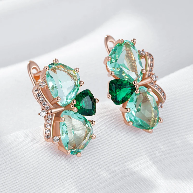 Kinel Unique Green Stone Drop Earrings for Women Fashion Rhombus Natural Zircon Accessories 585 Rose Gold Vintage Daily Jewelry