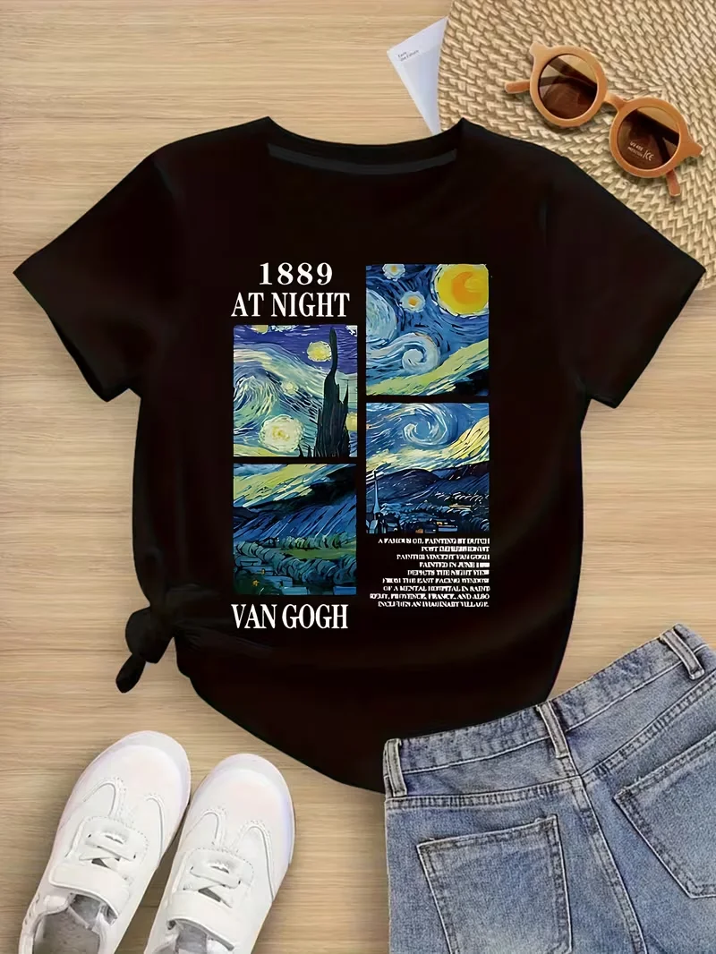 تي شيرت Van Gogh Starry Night Art Print للسيدات - تي شيرت برسومات مستوحاة من 1899، بلوزة كاجوال بأكمام قصيرة قابلة للتنفس للارتداء اليومي #1