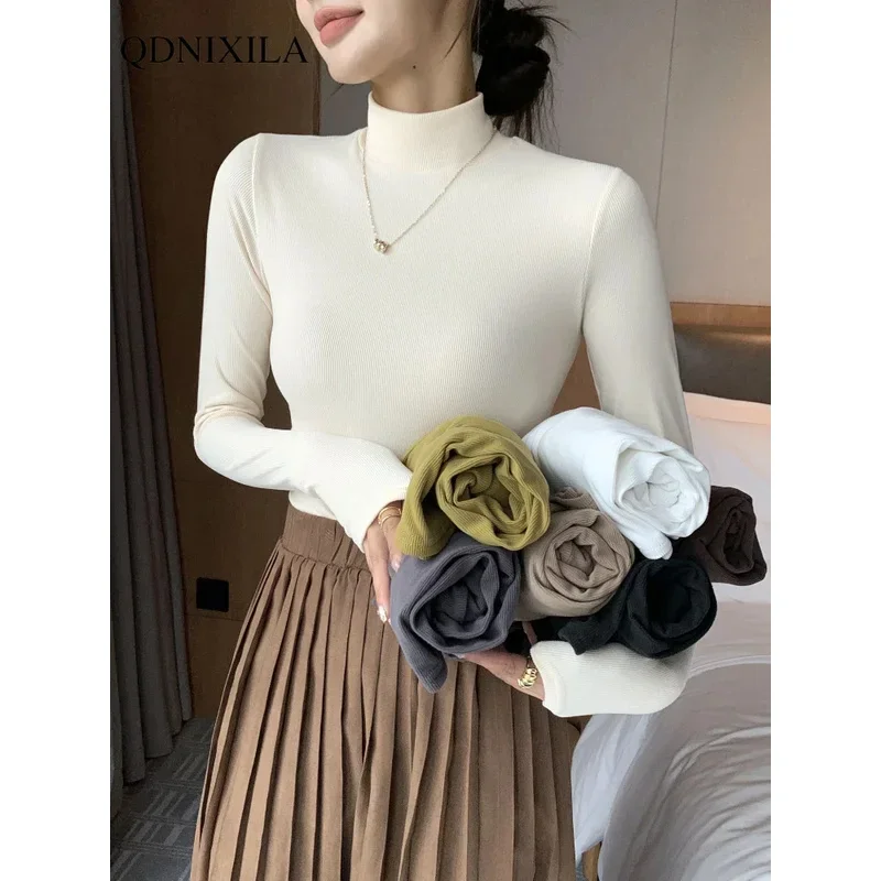 2024 New Knitted Half-turtleneck Pullovers Women Bottom Shirts Sweater Jumper Elegant Korean Fashion Long-sleeved Tops Knitwear