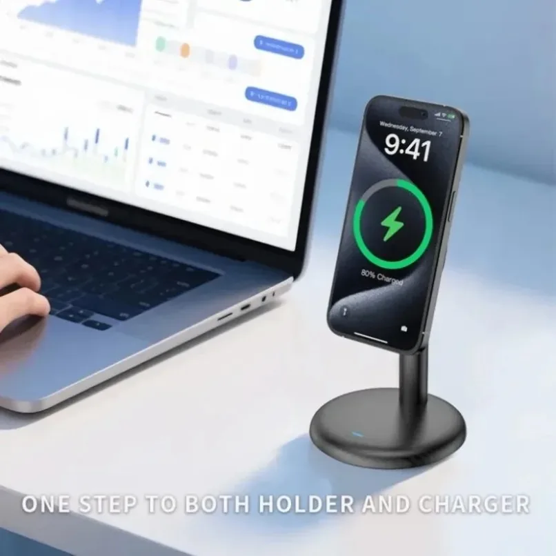 حامل هاتف مغناطيسي لسطح المكتب حامل شاحن لاسلكي سريع لهاتف Magsafe iPhone 17 ~ 12 Pro Max Samsung Xiaomi 17 حامل الهاتف المحمول