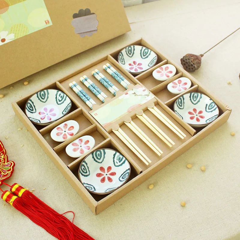 Japanese shredded sushi seasoning dish tableware gift box set, red flower plate hand-painted floret Sauce dish, chopsticks rack