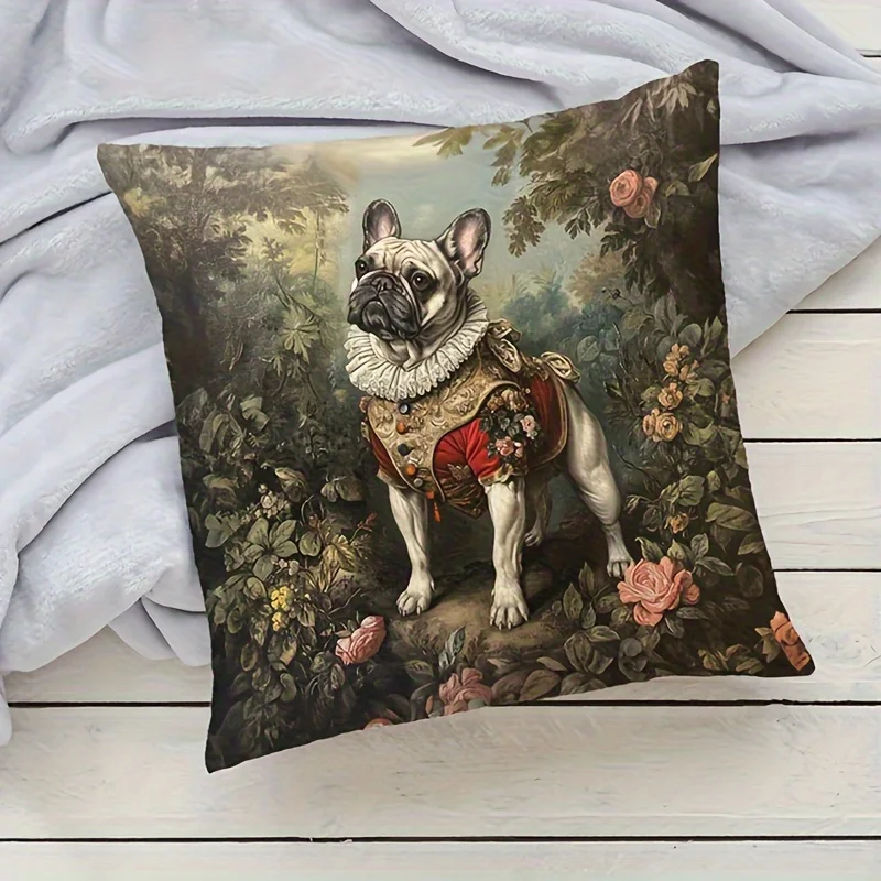Decorative French Bulldog Dog Pillowcase Vintage Pet Art Cushion Cover Cottagecore Floral Botanical Throw Pillow Gift