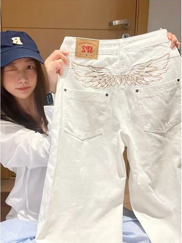 

Retro American Embroidered Wings White Jeans High Waist Loose Straight Leg Wide Leg Pants for Women Faionable Casual Jeans